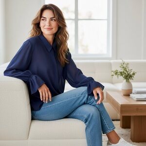 ANNE KLEIN A LINE Vtg USA Blouse Shirt Navy Blue Button Up RUFFLES Womens Medium